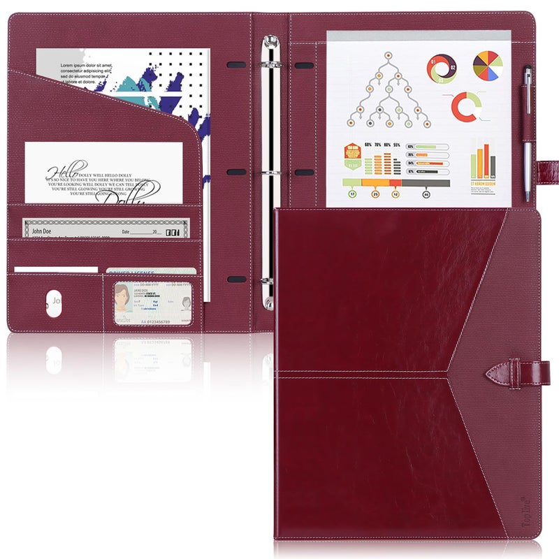 Toplive Padfolio 3 Ring Binder Organizer Business Portfolio Folder for Women, A4/ Letter Size PU Leather Portfolio Padfolio for Interview Conference Presentation, Wine Red - Image 1